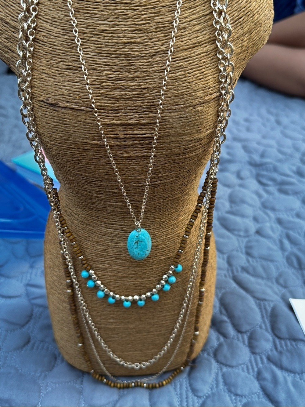 Turquoise Pendant and Beaded Layered Necklace - Gold Tone